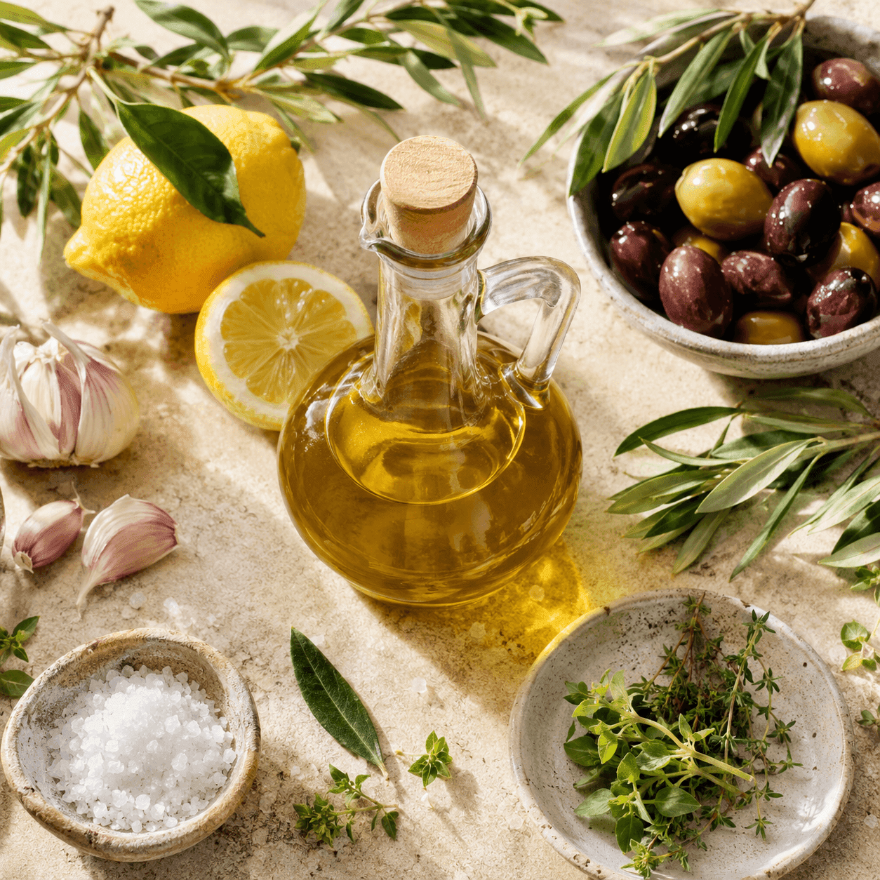 A flat-lay of a round glass cruet of olive oil with lemons, garlic, a bowl of mixed olives, sea salt, fresh herbs, and olive branches