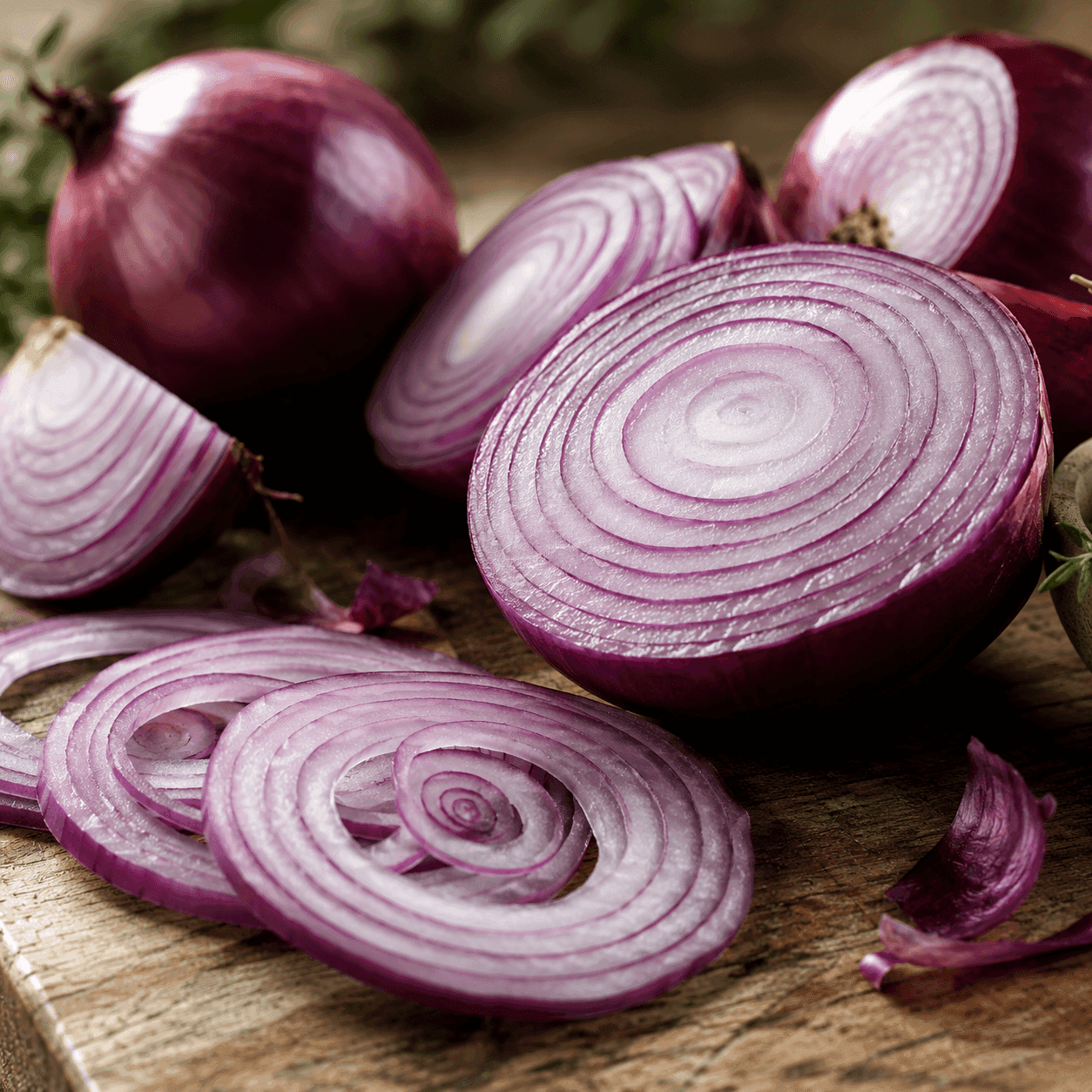 Close-up of halved red onions and red onion rings on a wooden board, showing the concentric purple-and-white layers