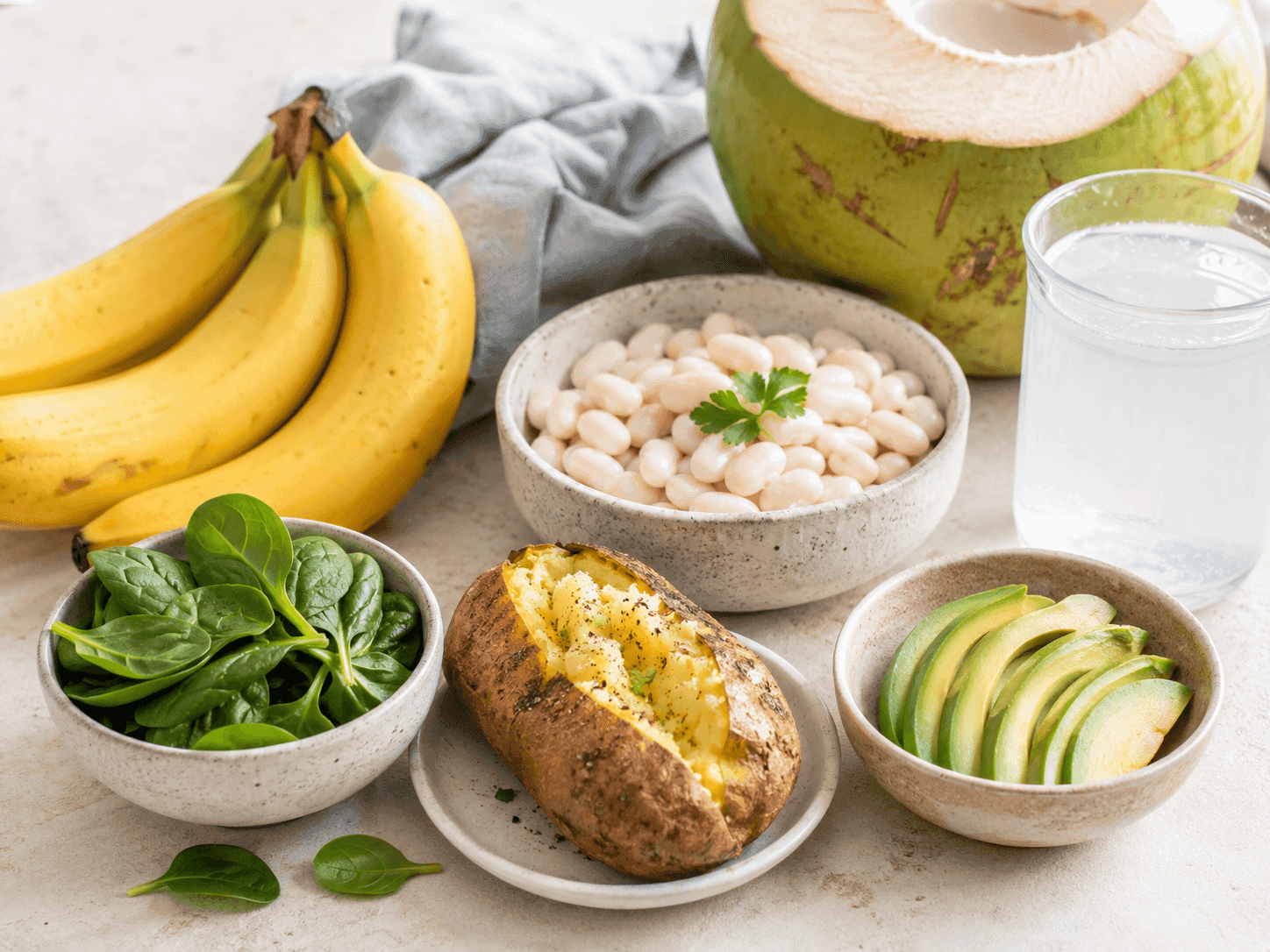 Potassium-rich foods — bananas, white beans, a baked potato, spinach, sliced avocado, and coconut water
