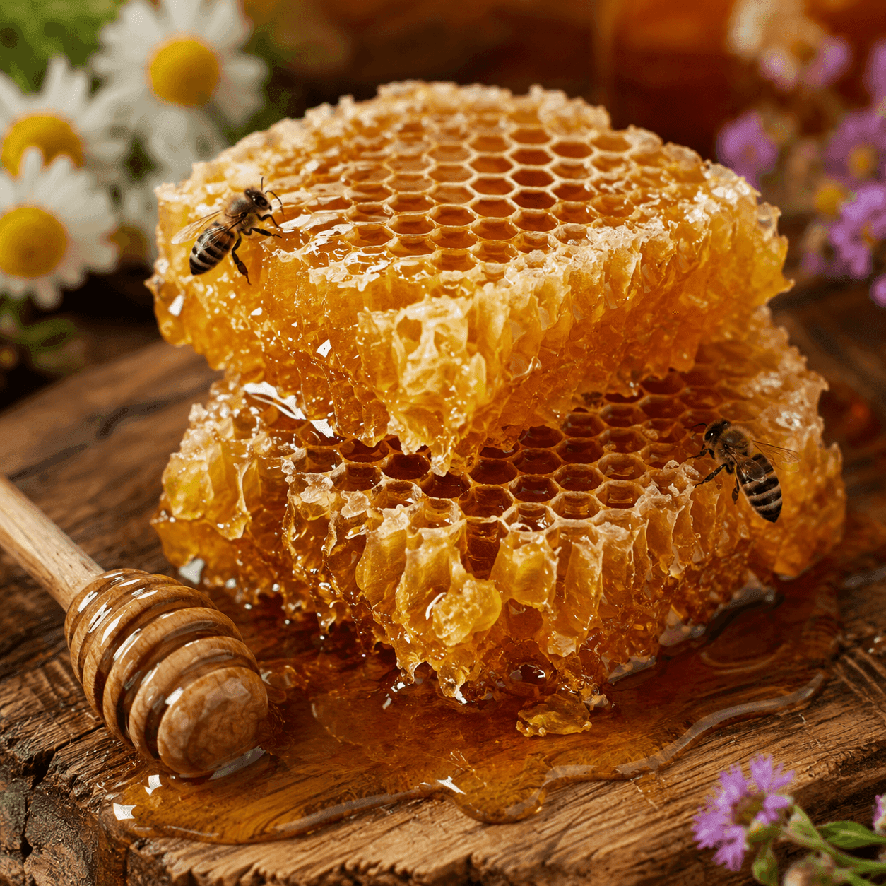 Stacked pieces of dripping honeycomb with two honeybees on it, on a wooden board