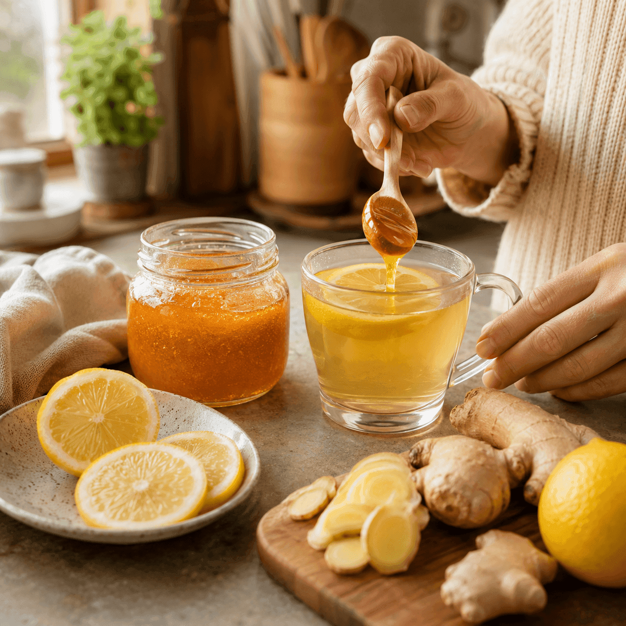 A mug of honey-lemon tea being stirred with a wooden spoon, beside a jar of honey, sliced lemon, and fresh ginger