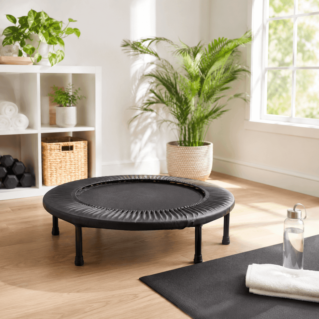 A round mini trampoline rebounder set up in a bright living room with a yoga mat, water bottle, and houseplants