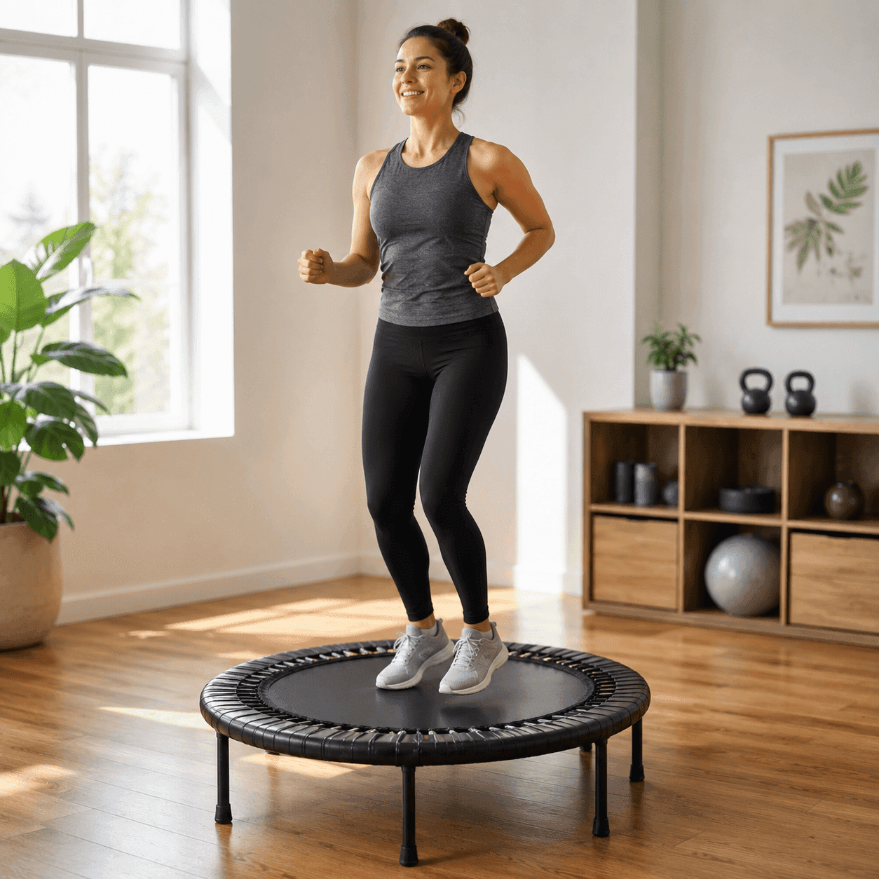A woman in workout clothes bouncing on a mini trampoline in a sunlit room