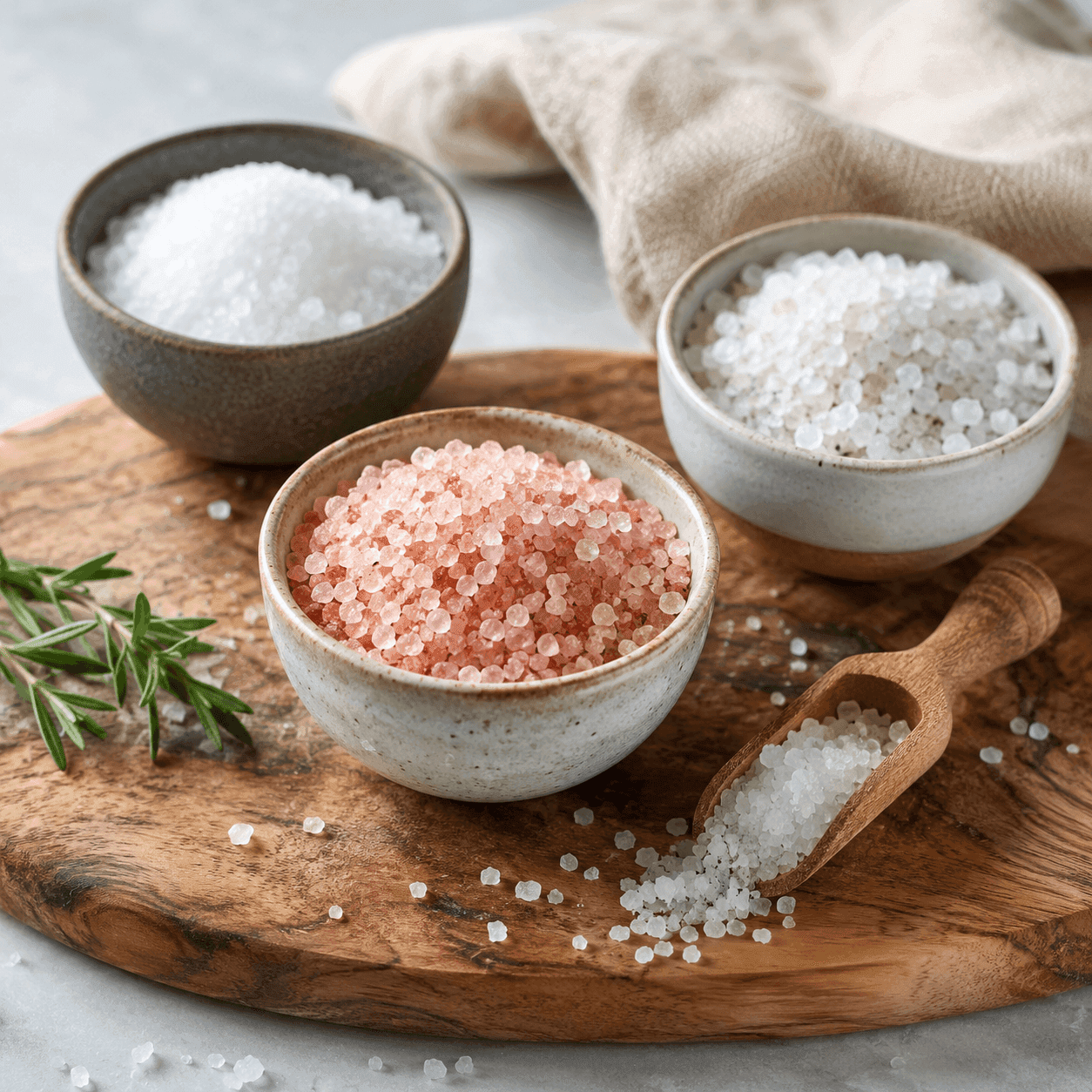 Three bowls of salt — white, pink Himalayan, and grey sea salt — on a wood board
