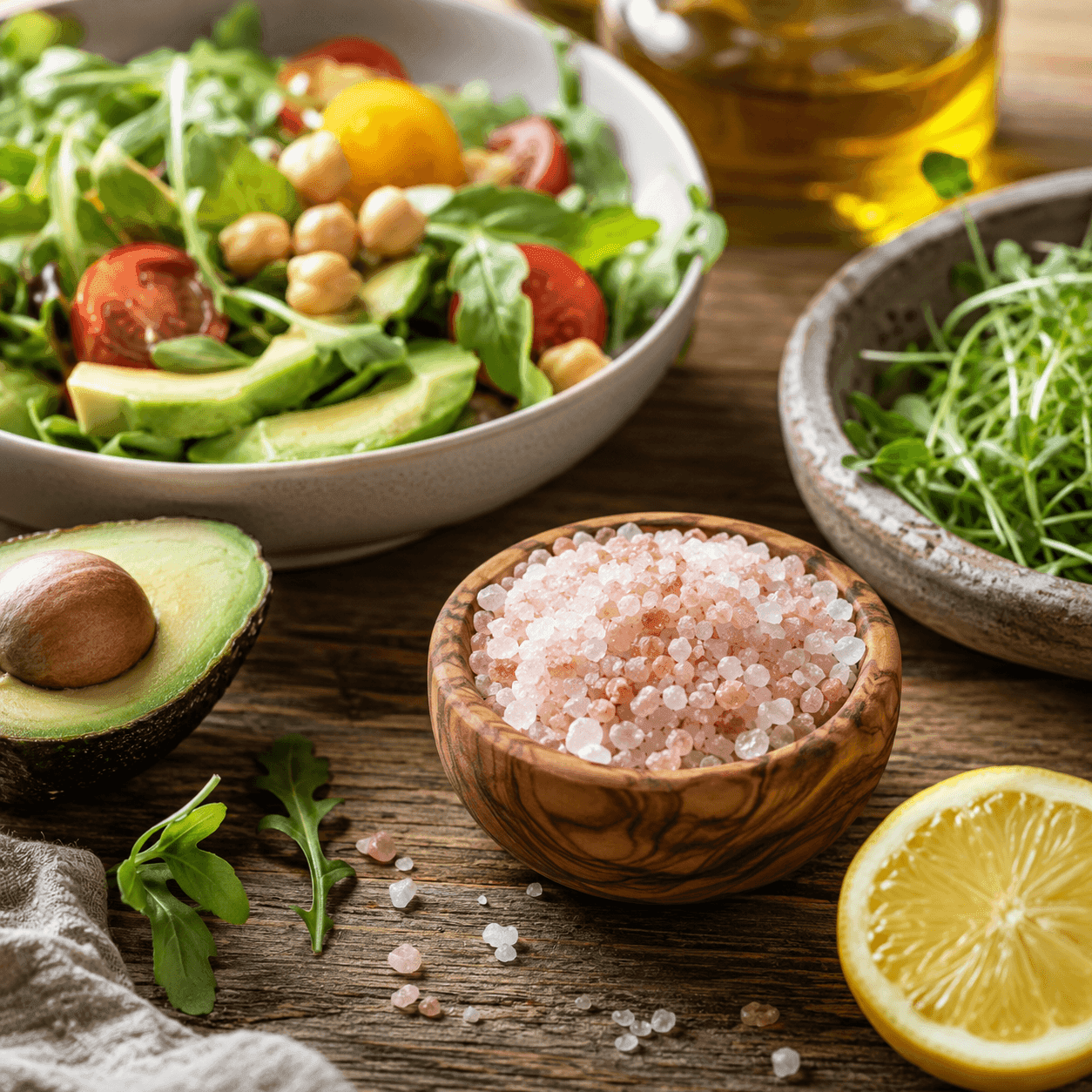 A bowl of pink salt with a fresh salad, avocado, and lemon