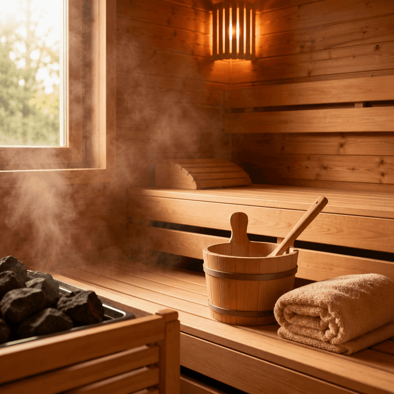 The wood-lined interior of a traditional sauna with steam rising off heated rocks, a wooden bucket and ladle, and a folded towel