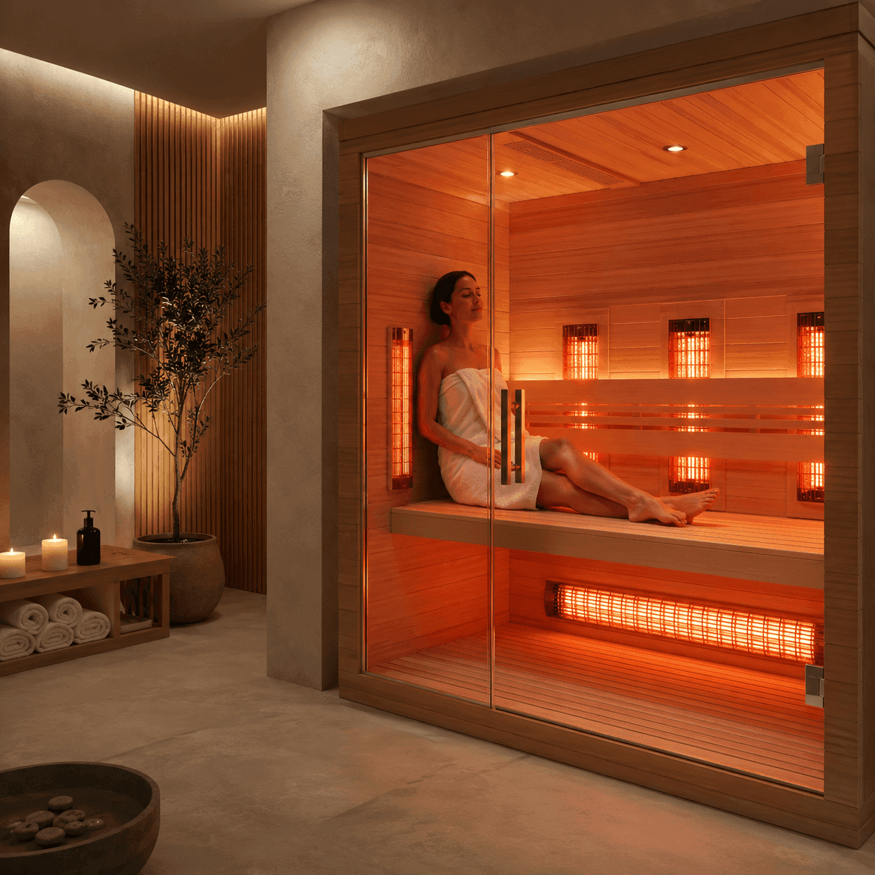 A woman relaxing inside a glass-fronted infrared sauna with the heating panels glowing red-orange