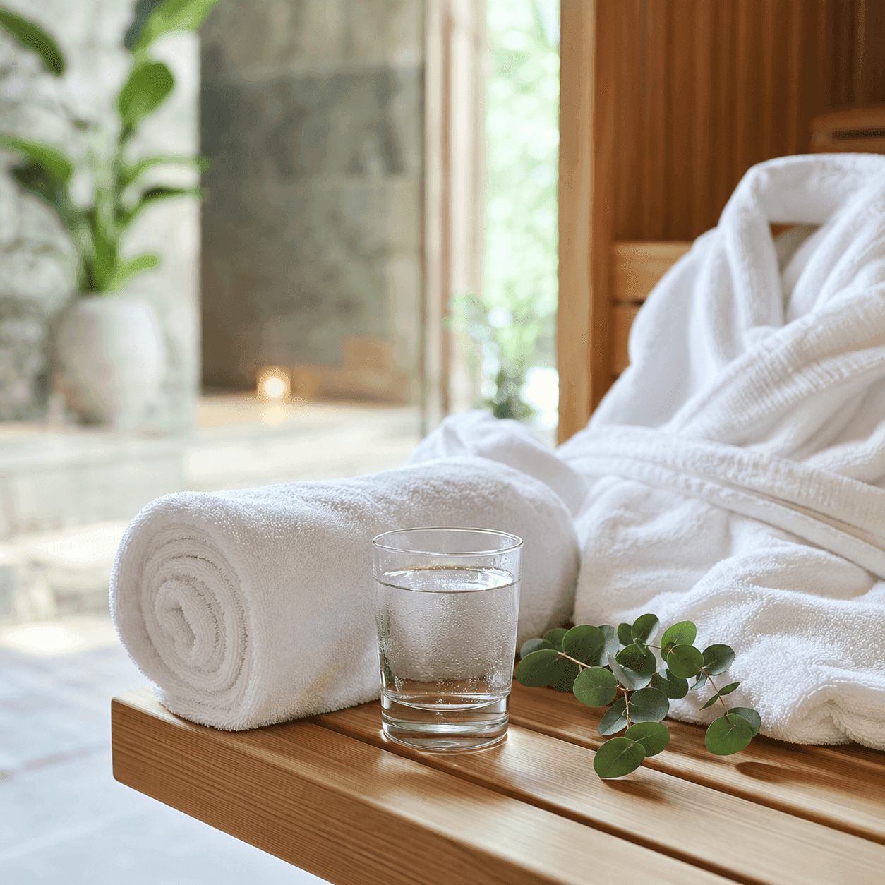 A rolled white towel, a glass of water, a white robe, and a sprig of eucalyptus on a wooden sauna bench