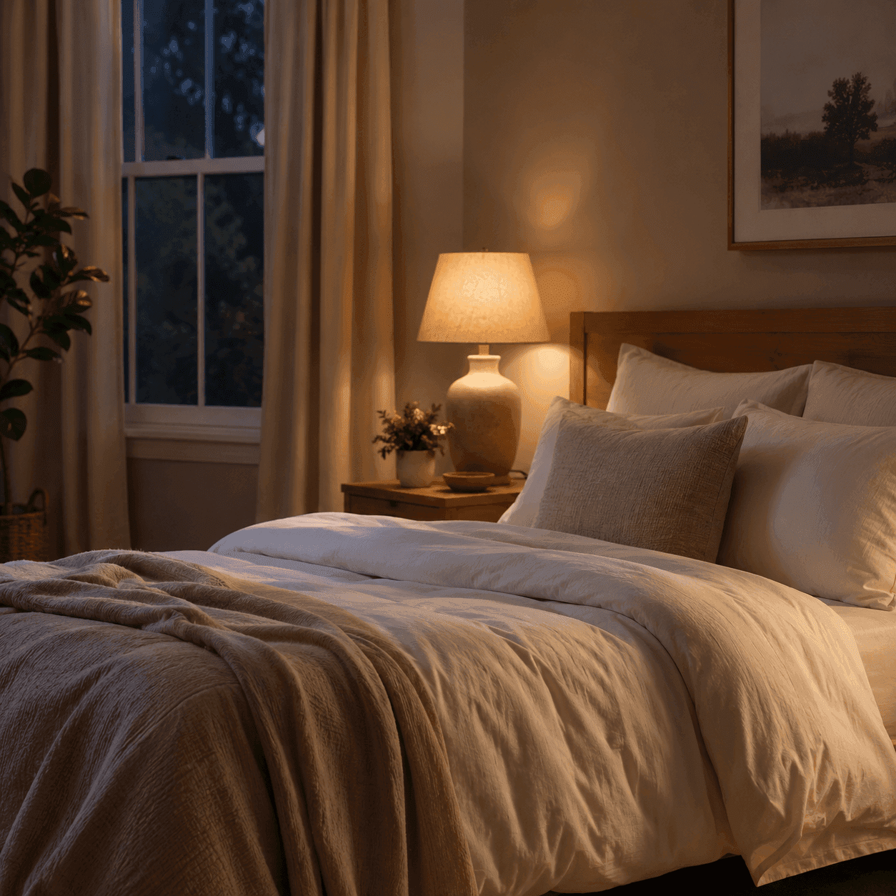 A calm, dimly lit bedroom at night with a made bed and a warm bedside lamp glowing