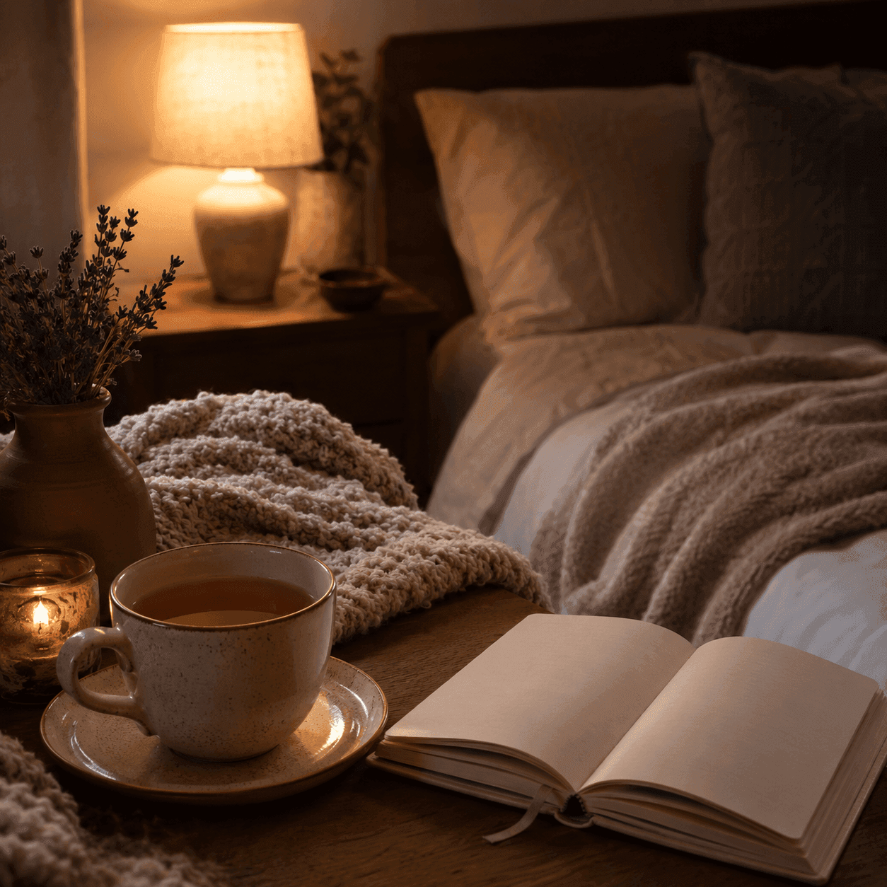 A cozy bedside scene at night with a cup of herbal tea, an open journal, a lit candle, and lavender beside a warm lamp