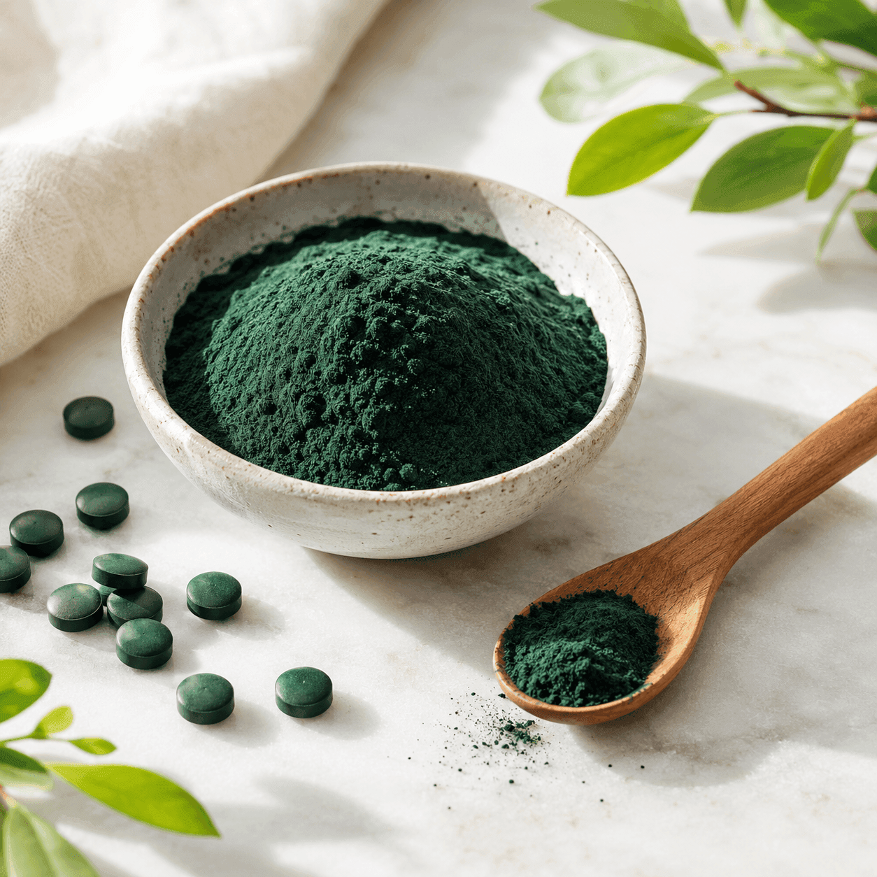 A white speckled bowl of deep-green spirulina powder beside scattered spirulina tablets and a wooden spoon of powder on a light surface