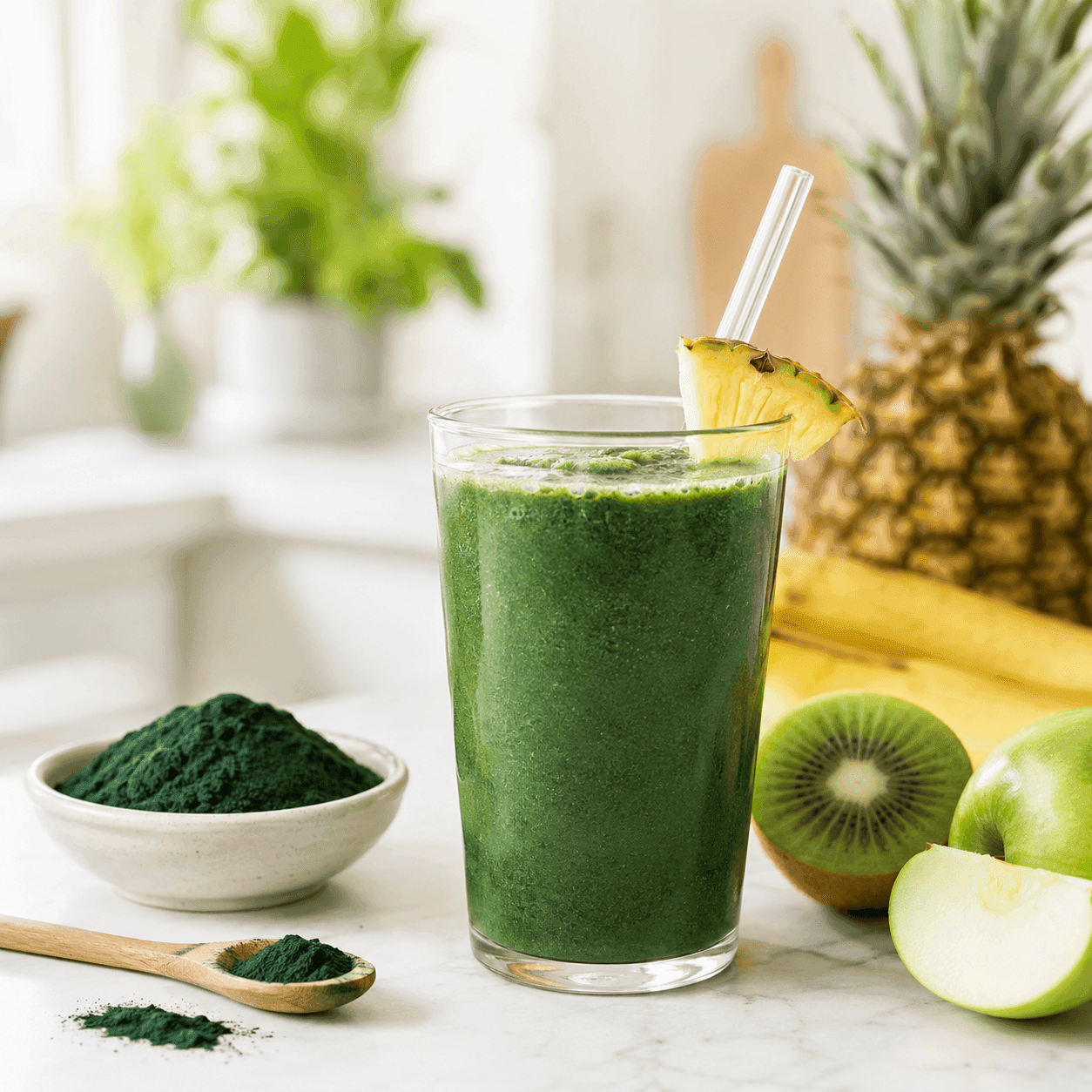 A tall glass of green spirulina smoothie garnished with pineapple, beside fresh fruit and a small bowl of spirulina powder