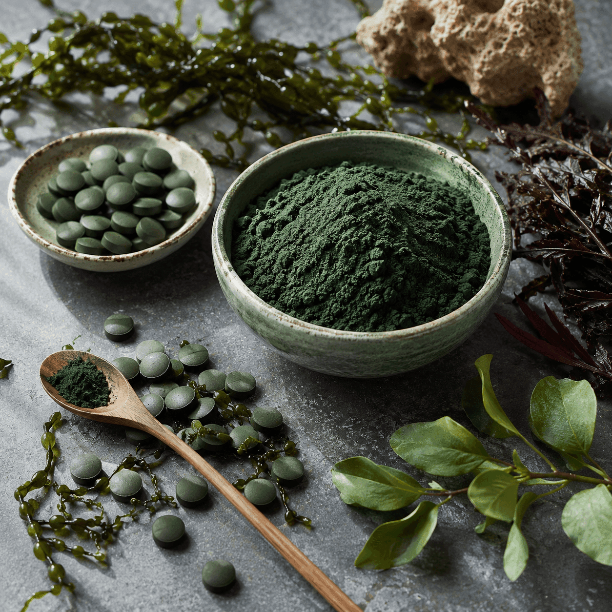 Two bowls of green spirulina — powder and tablets — with a wooden spoon, seaweed, and herbs on a dark slate surface