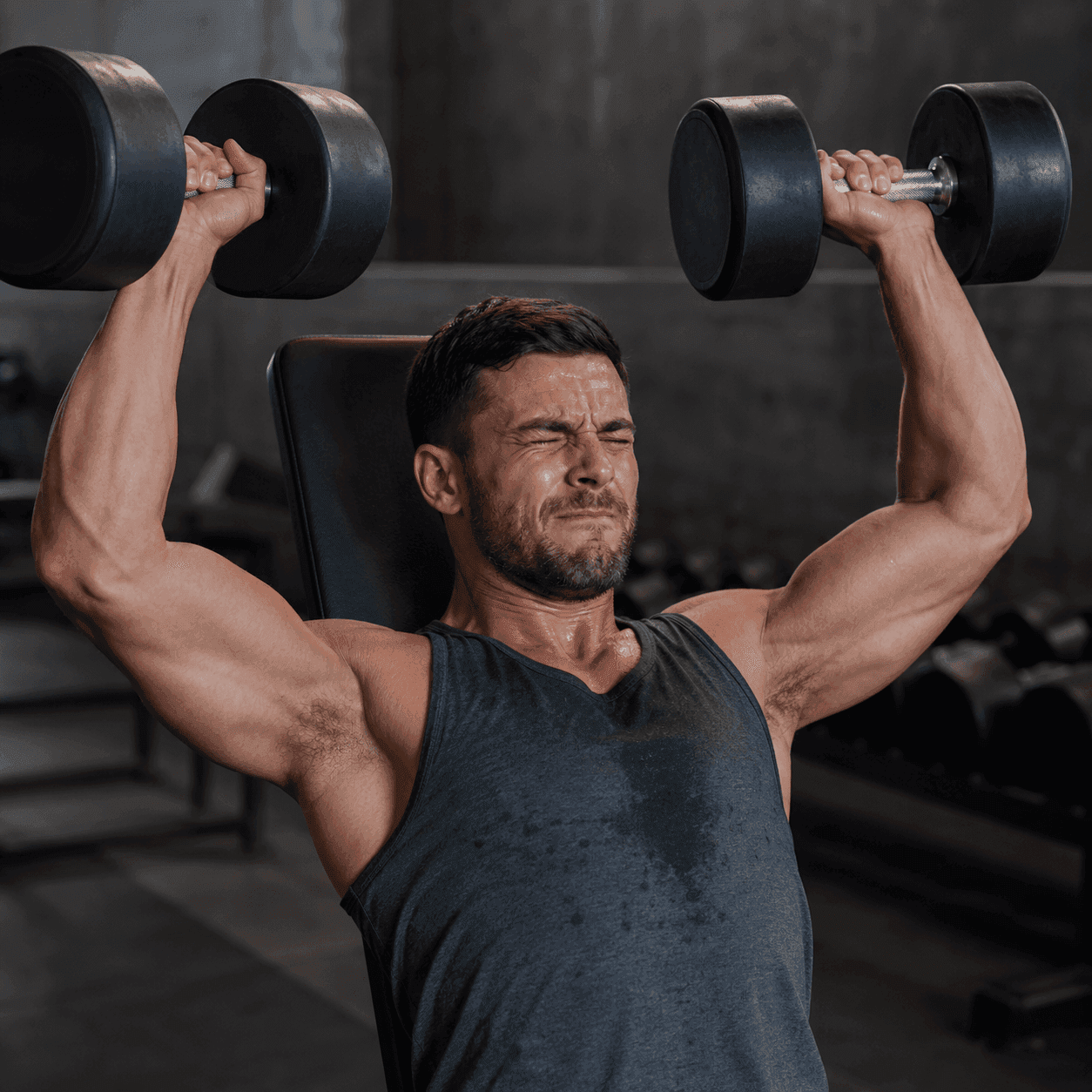 A muscular man straining with effort as he presses dumbbells overhead in a dim gym