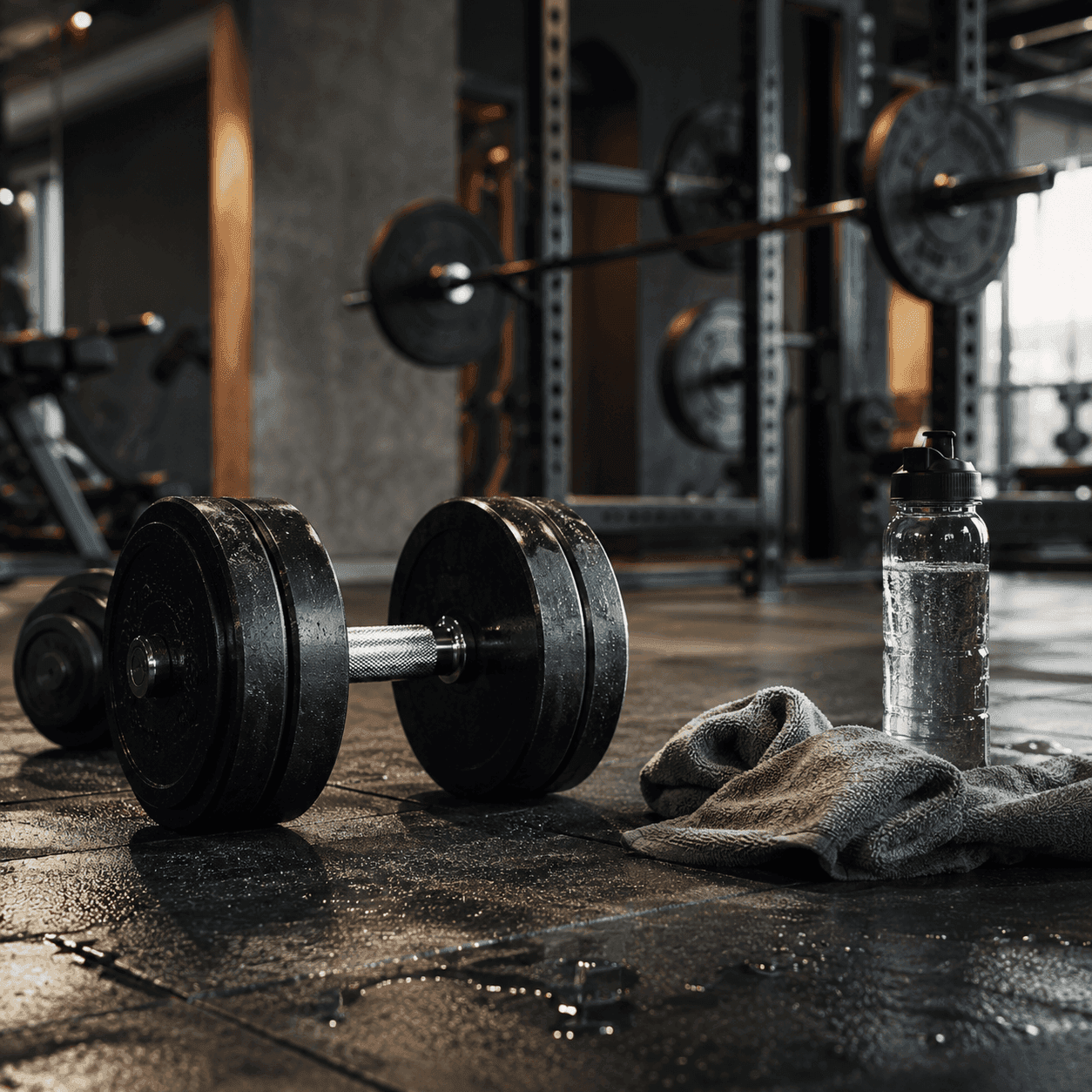 A loaded dumbbell resting on a wet gym floor beside a water bottle and towel, with a power rack in the background