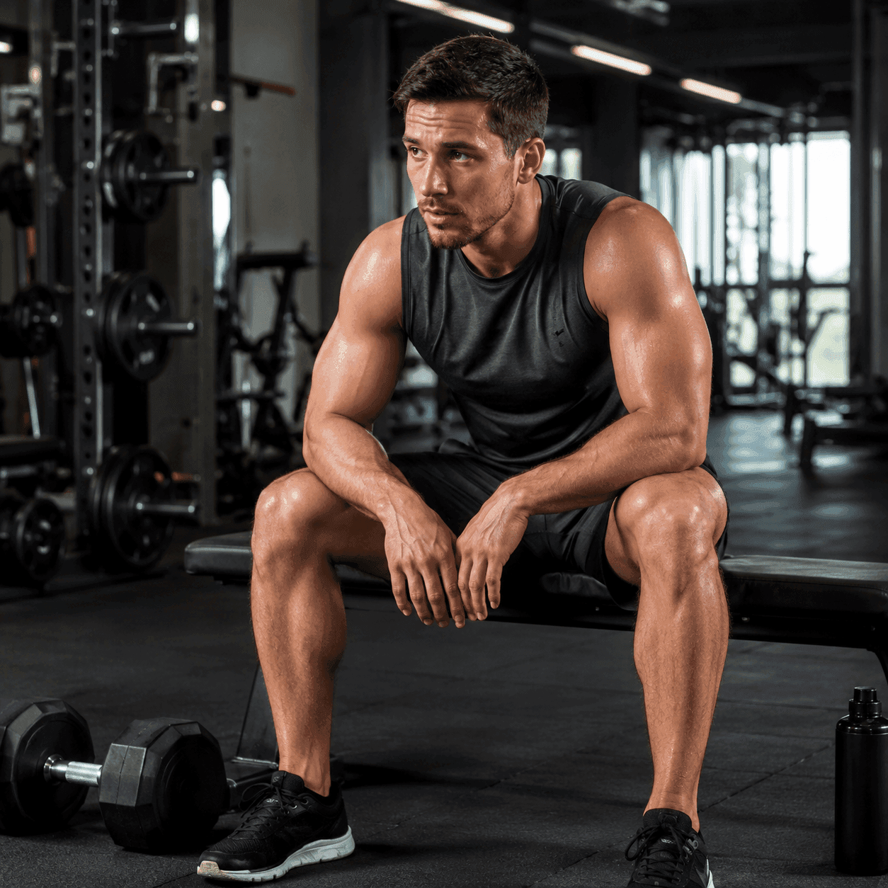A lean, sweating man resting on a bench between sets in a gym, a dumbbell on the floor beside him