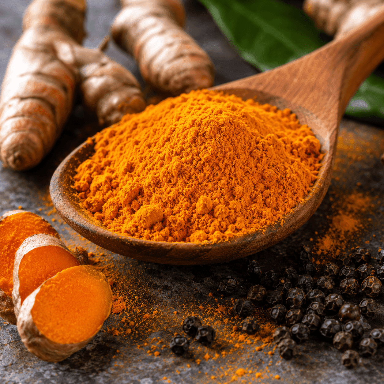 A wooden spoon heaped with bright orange turmeric powder beside fresh turmeric roots and black peppercorns on a dark slate surface