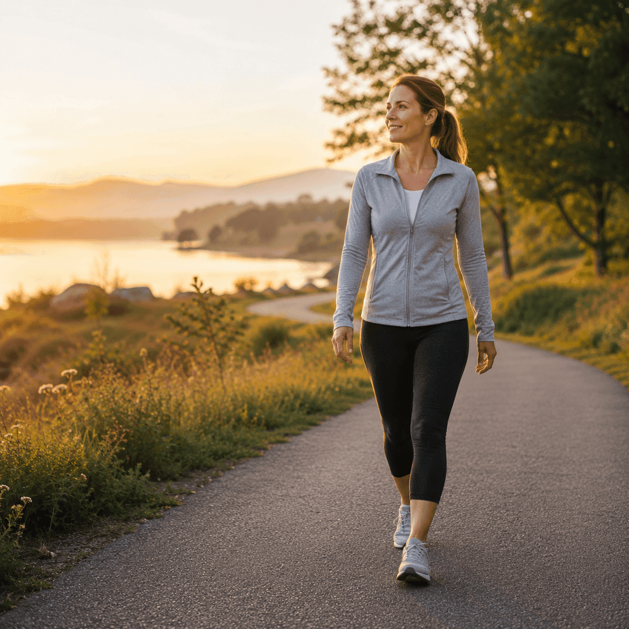 Woman in a grey jacket walking along a paved lakeside path at golden sunset