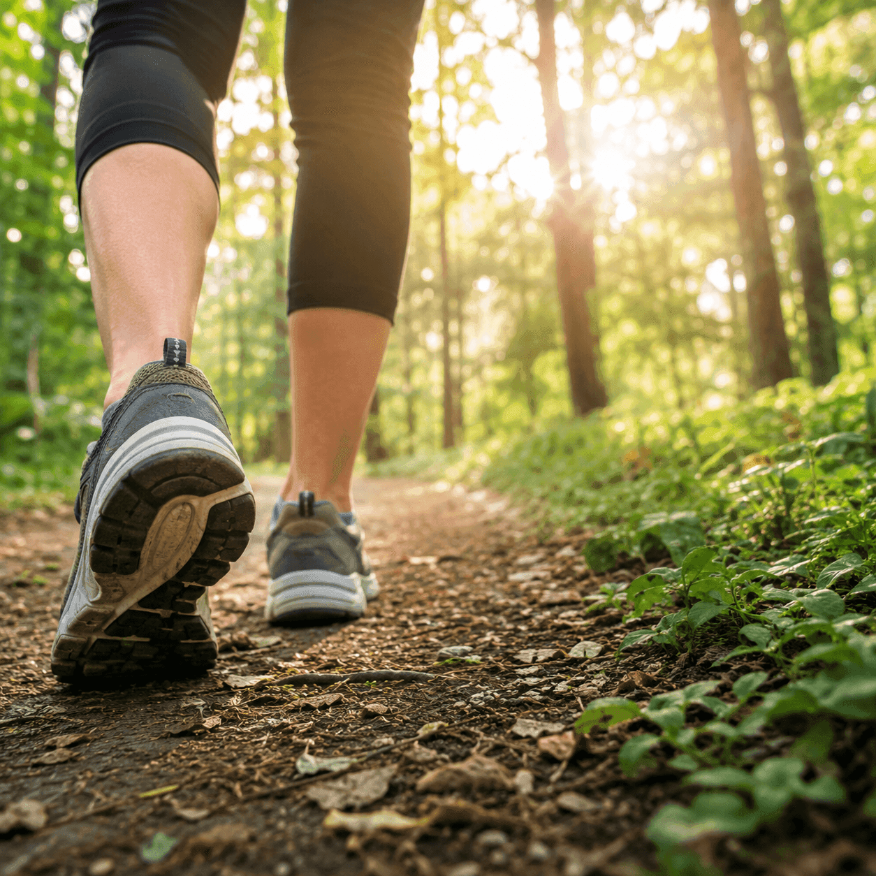 Close-up of a walker's lower legs and trail shoes on a sunlit forest dirt path