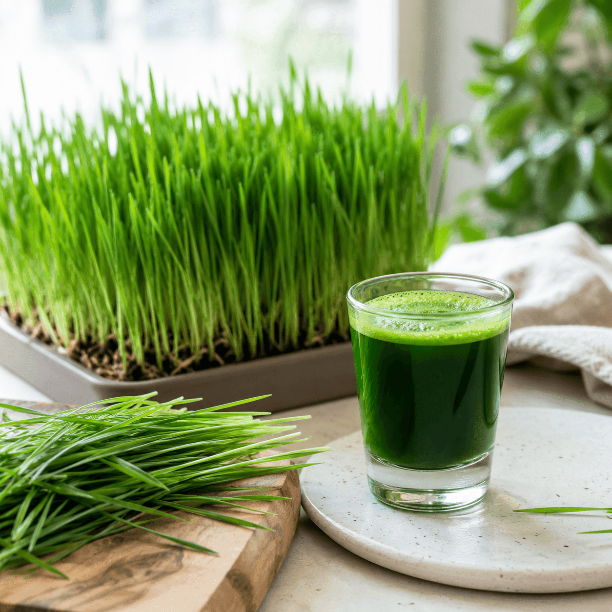 A tray of growing wheatgrass beside a small glass shot of fresh green wheatgrass juice
