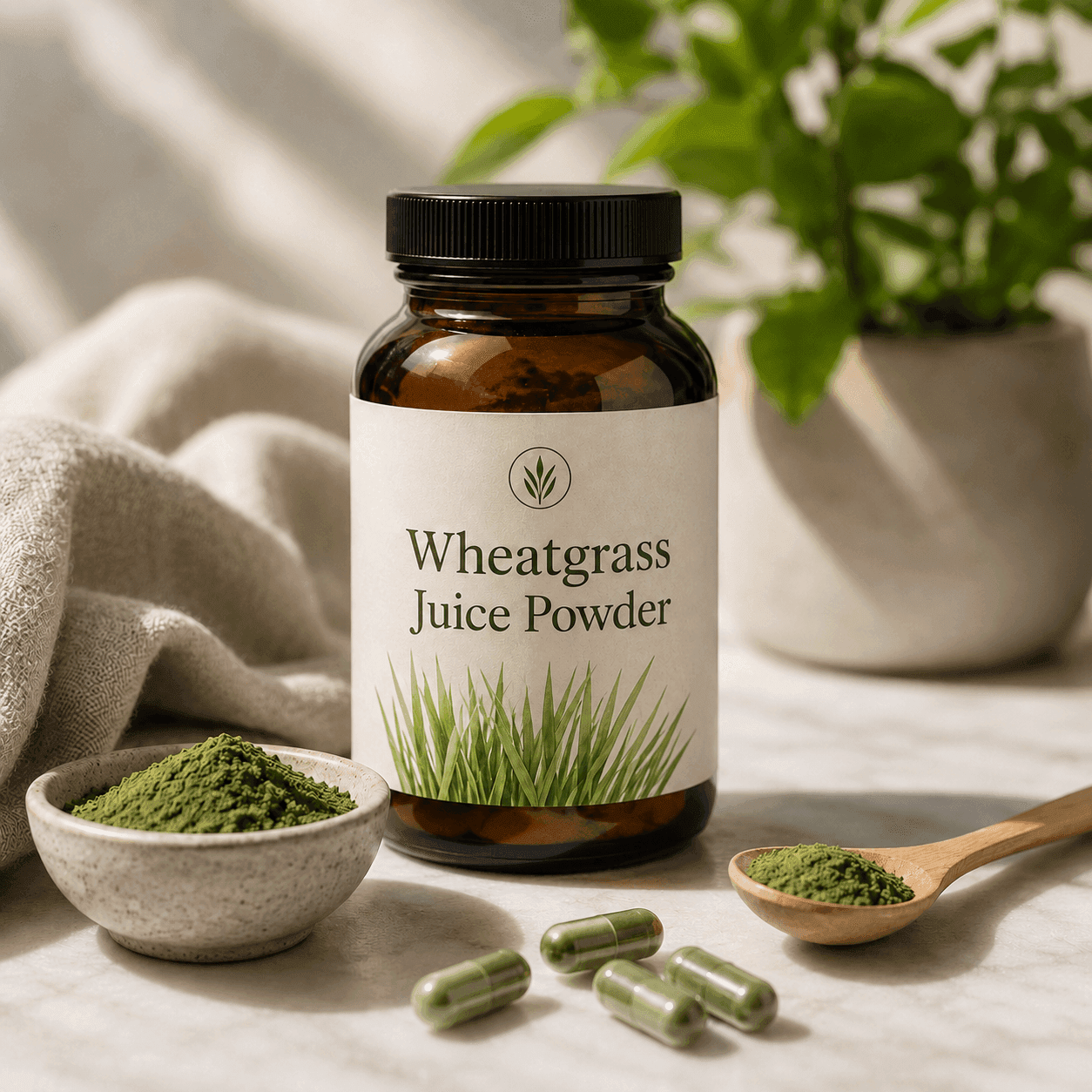 An amber jar of wheatgrass juice powder with a bowl of green powder, capsules, and a wooden spoon