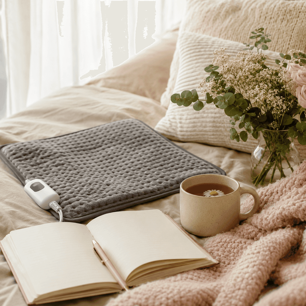 A heating pad, mug of herbal tea, open journal, and a vase of flowers arranged on a softly made bed