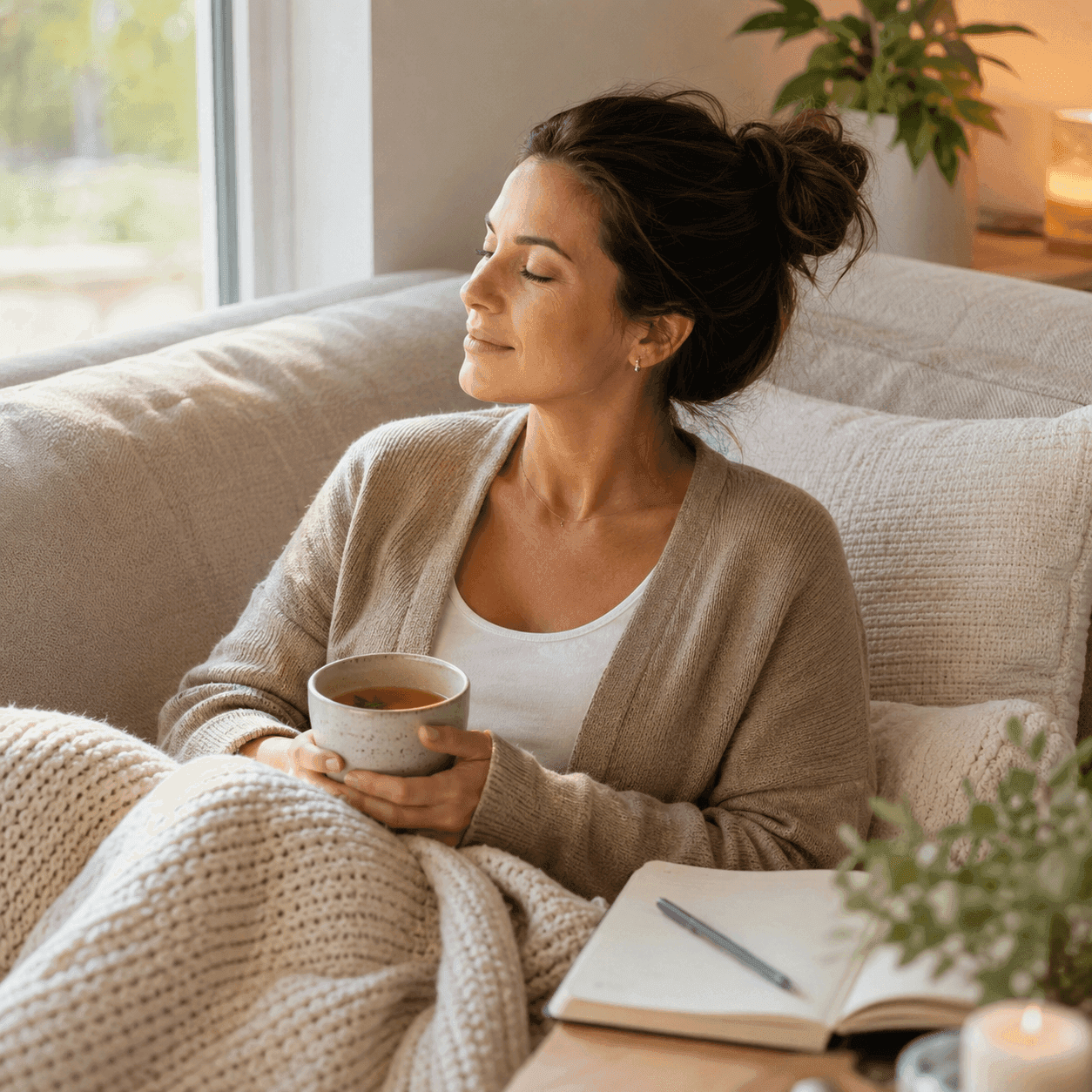A woman relaxing on a couch under a knit blanket, holding a mug of herbal tea with eyes closed beside an open journal