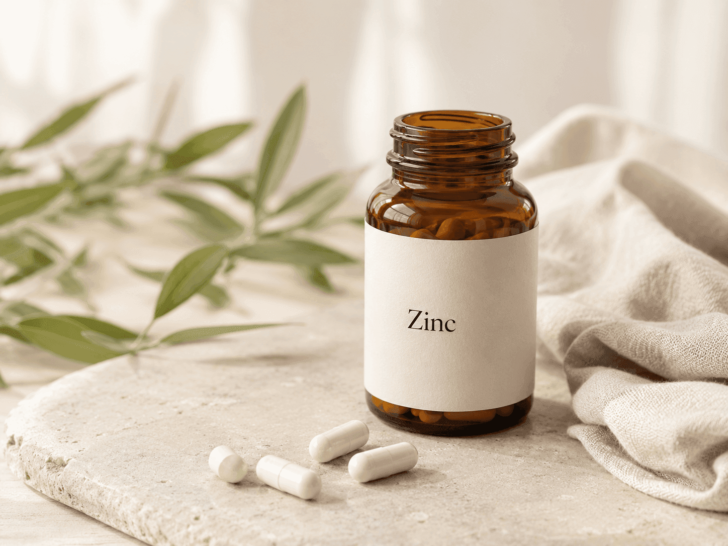 An open amber supplement bottle labeled Zinc with three white capsules on a stone surface