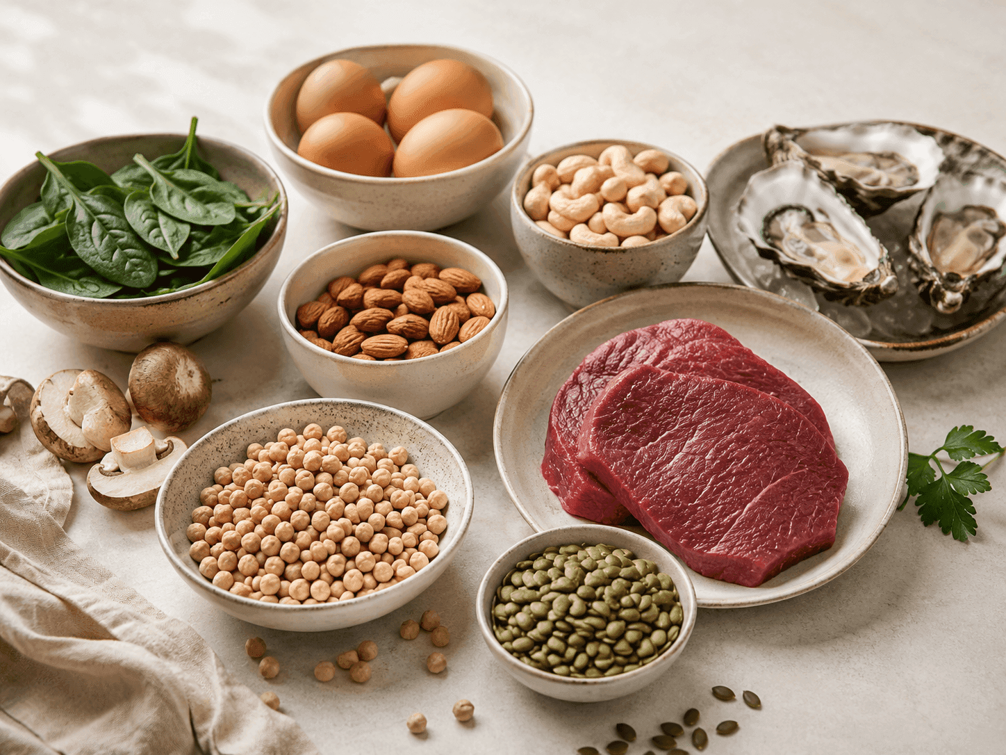 A spread of zinc-rich foods: oysters, raw beef, spinach, eggs, almonds, cashews, chickpeas, pumpkin seeds, and mushrooms