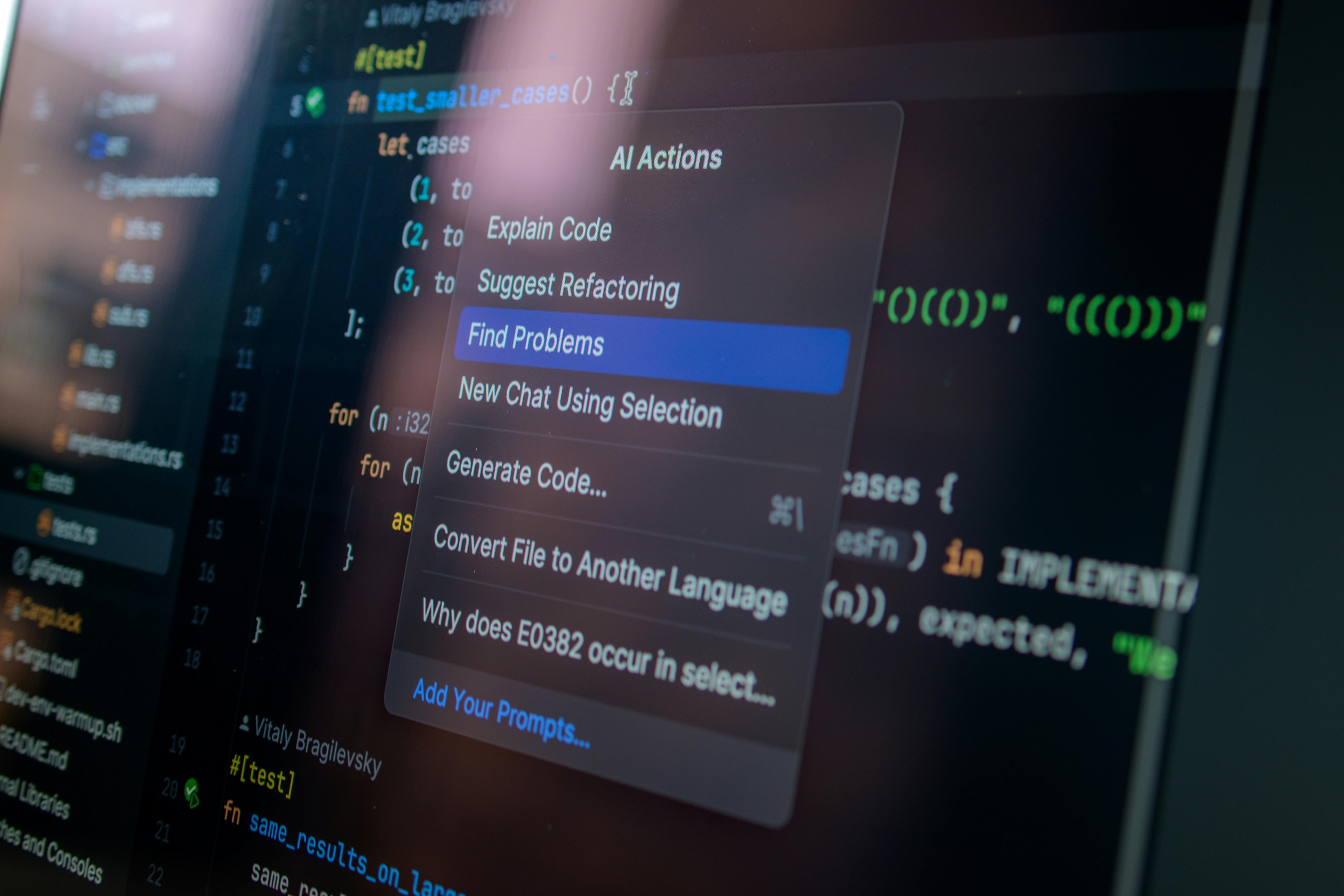 AI assistant menu with AI-powered actions in a code editor
